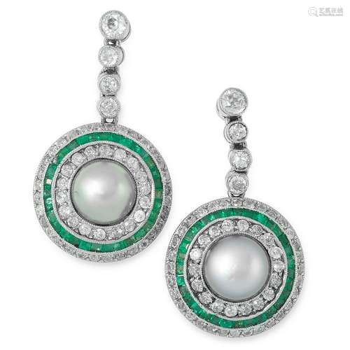 A PAIR OF NATURAL PEARL, DIAMOND AND EMERALD EARRINGS