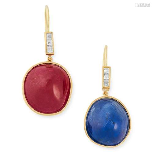 A PAIR OF BURMA NO HEAT RUBY, SAPPHIRE AND DIAMOND