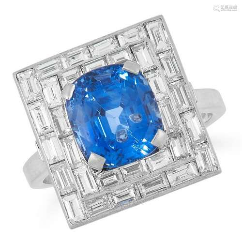 A SAPPHIRE AND DIAMOND DRESS RING set with a cushion