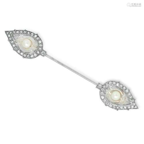 AN ART DECO DIAMOND, ROCK CRYSTAL AND PEARL JABOT PIN,