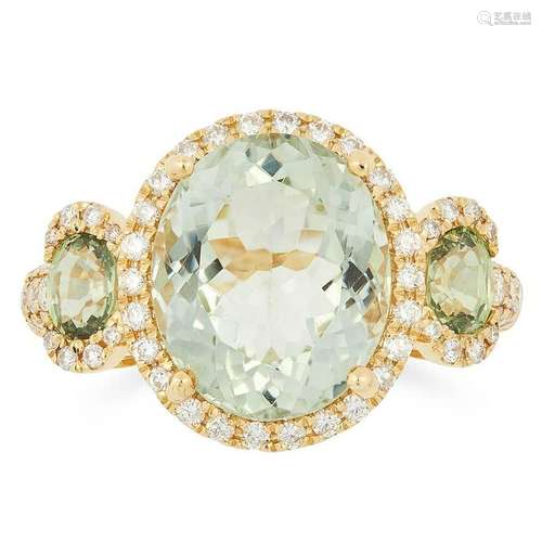 GREEN AMETHYST AND DIAMOND RING set with three oval cut