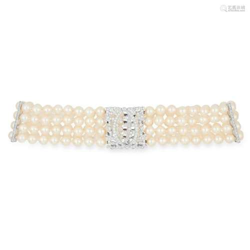 A PEARL AND DIAMOND CHOKER NECKLACE comprising of four