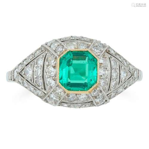 A 0.70 CARAT EMERALD AND DIAMOND RING in Art Deco