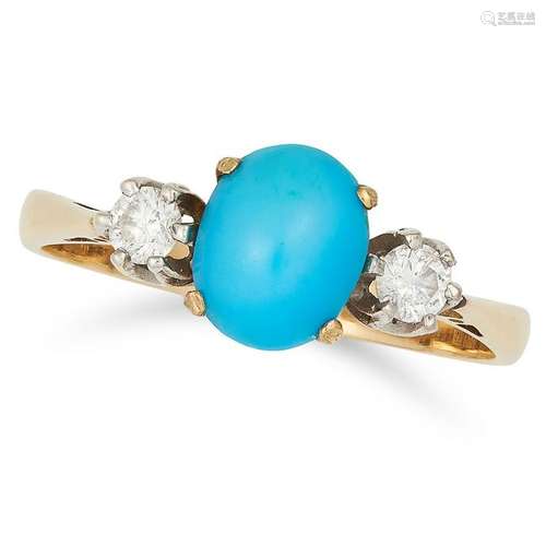 TURQUOISE AND DIAMOND THREE STONE RING set with a