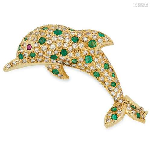 GEMSET DOLPHIN BROOCH set with round cut ruby, emerald