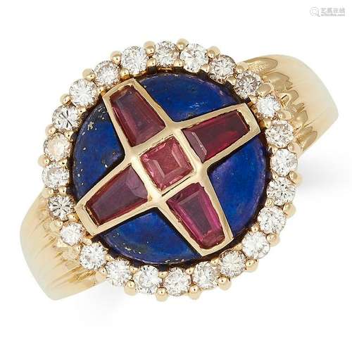 LAPIS LAZULI, RUBY AND DIAMOND RING set with polished