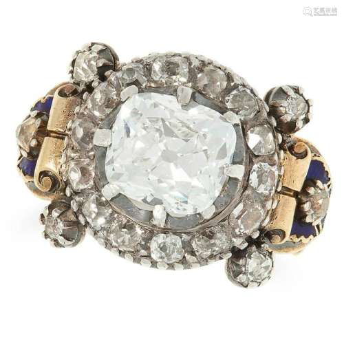 AN ANTIQUE 2.49 CARAT DIAMOND AND ENAMEL RING set with