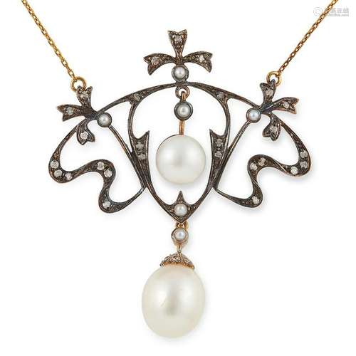 PEARL AND DIAMOND NECKLACE, in foliate design set with