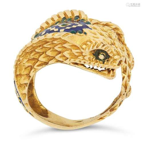 ENAMEL SNAKE RING depicting a cobra decorated in blue