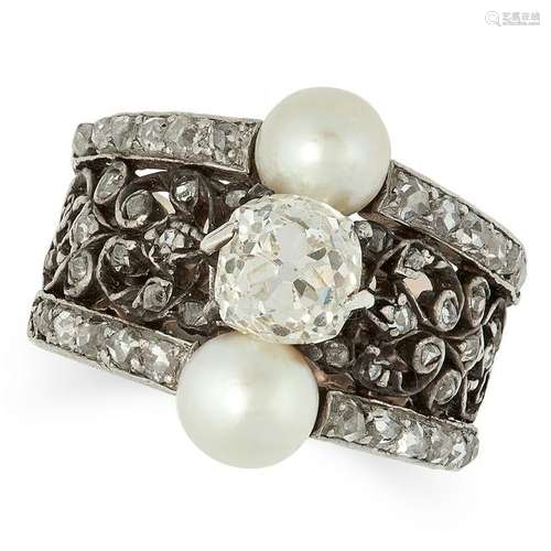 A PEARL AND DIAMOND RING in foliate design, set with an