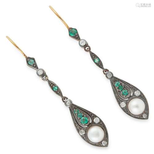 EMERALD, PEARL AND DIAMOND EARRINGS, set with round cut