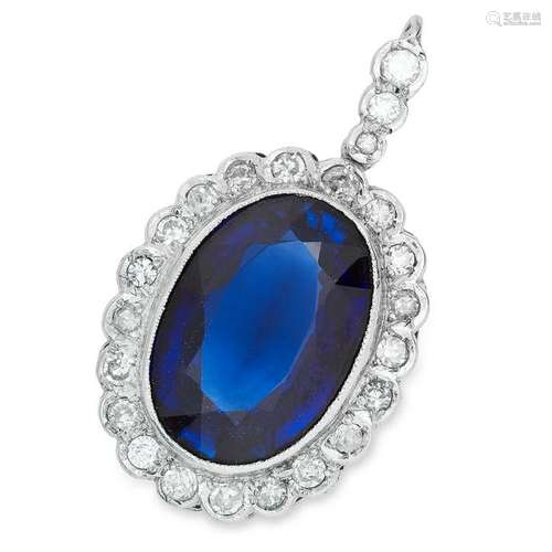 ANTIQUE SYNTHETIC SAPPHIRE AND DIAMOND PENDANT set with