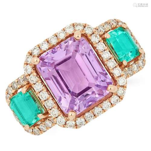 KUNZITE, EMERALD AND DIAMOND RING set with emerald cut