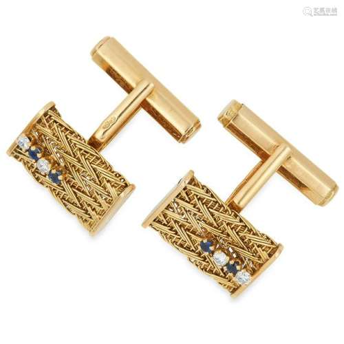 SAPPHIRE AND DIAMOND CUFFLINKS each set with woven gold
