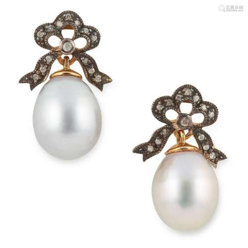 PEARL AND DIAMOND BOW EARRINGS, set with round cut