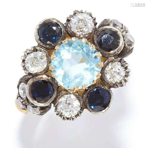 AQUAMARINE, SAPPHIRE AND DIAMOND CLUSTER RING set with