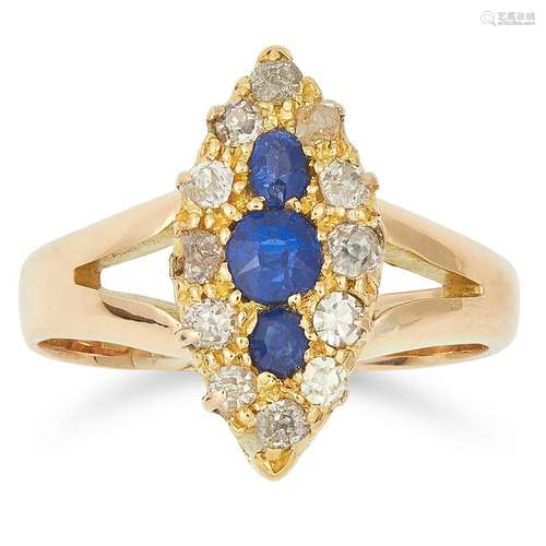 ANTIQUE SAPPHIRE AND DIAMOND RING the marquise face is