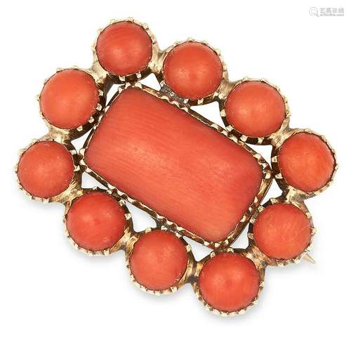 ANTIQUE CORAL BROOCH set with cabochon coral, 2.5cm,