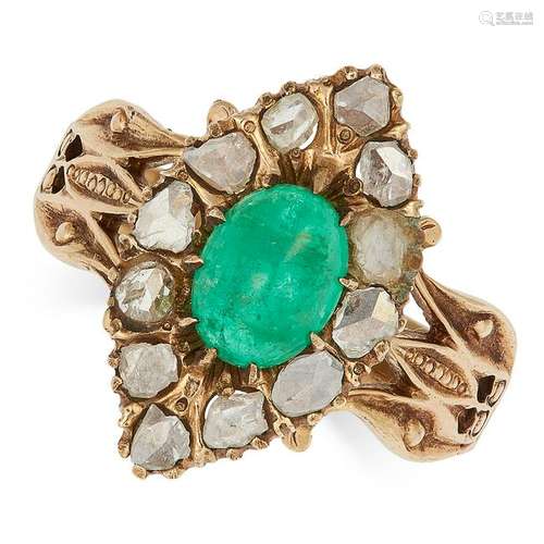 ANTIQUE EMERALD AND DIAMOND CLUSTER RING set with a