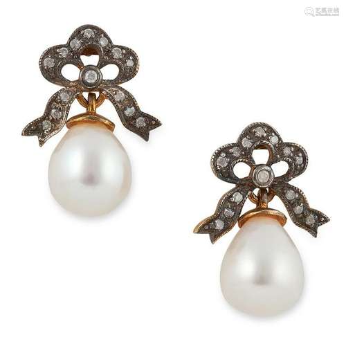 PEARL AND DIAMOND BOW EARRINGS, set with round cut