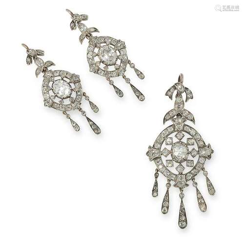 AN ANTIQUE DIAMOND EARRING AND PENDANT SUITE the open