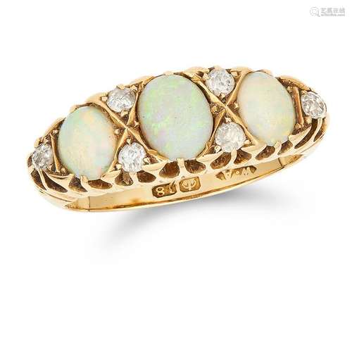 ANTIQUE OPAL AND DIAMOND RING set with three graduated