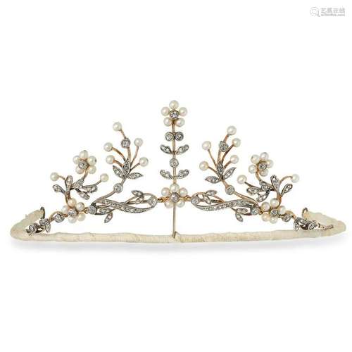 A NATURAL SALTWATER PEARL AND DIAMOND TIARA comprising