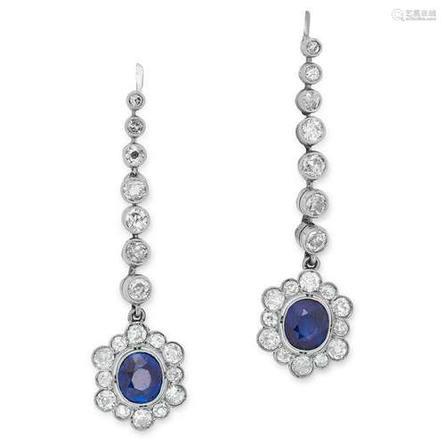 A PAIR OF SAPPHIRE AND DIAMOND EARRINGS comprising of a