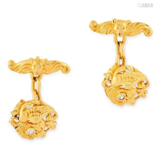 A PAIR OF ART NOUVEAU DIAMOND GRIFFIN CUFFLINKS