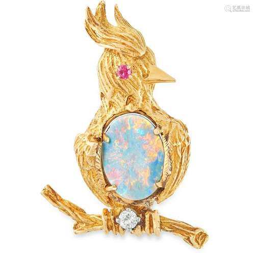 A VINTAGE OPAL, RUBY AND DIAMOND BIRD BROOCH, MECAN set