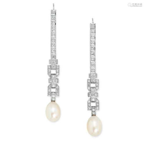 A PAIR OF ART DECO DIAMOND AND PEARL DROP EARRINGS each