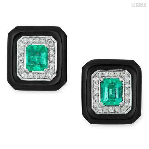 EMERALD, DIAMOND AND ONYX EARRINGS each set with an