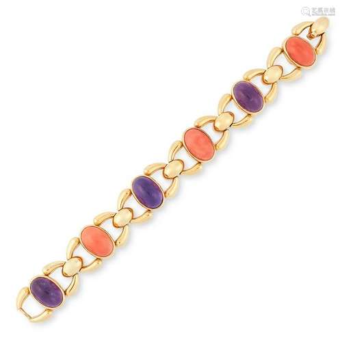 A CORAL AND AMETHYST BRACELET, CARTIER set with