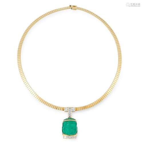 A CARVED EMERALD AND DIAMOND BUDDHA NECKLACE, VAN CLEEF