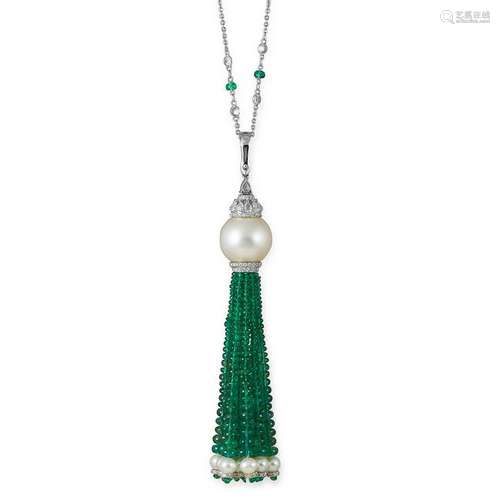 AN EMERALD, PEARL AND DIAMOND TASSEL PENDANT AND CHAIN