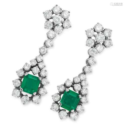 A PAIR OF COLOMBIAN EMERALD AND DIAMOND DROP EARRINGS