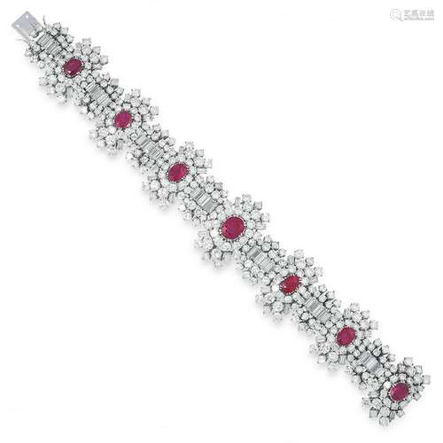 A BURMA NO HEAT RUBY AND DIAMOND BRACELET set with