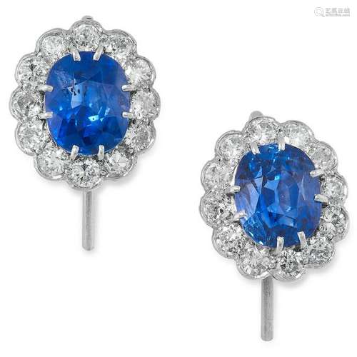 A PAIR OF CEYLON NO HEAT SAPPHIRE AND DIAMOND EARRINGS