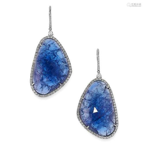 A PAIR OF TANZANITE AND DIAMOND EARRINGS each set with