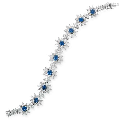 A BURMA NO HEAT SAPPHIRE AND DIAMOND BRACELET set with