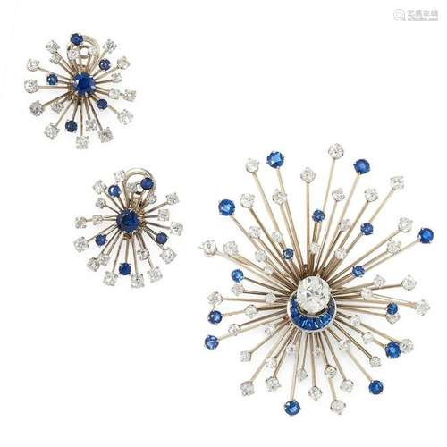 A SAPPHIRE AND DIAMOND EARRING AND BROOCH SUITE,