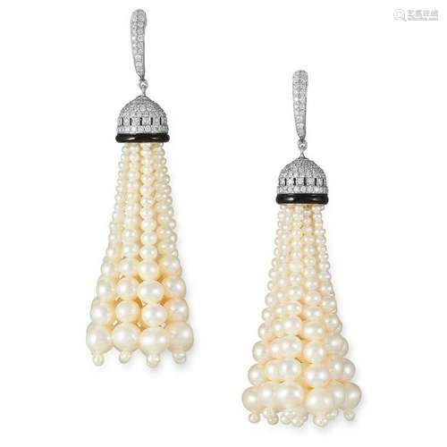 A PAIR OF DIAMOND, ONYX AND PEARL TASSEL EARRINGS each