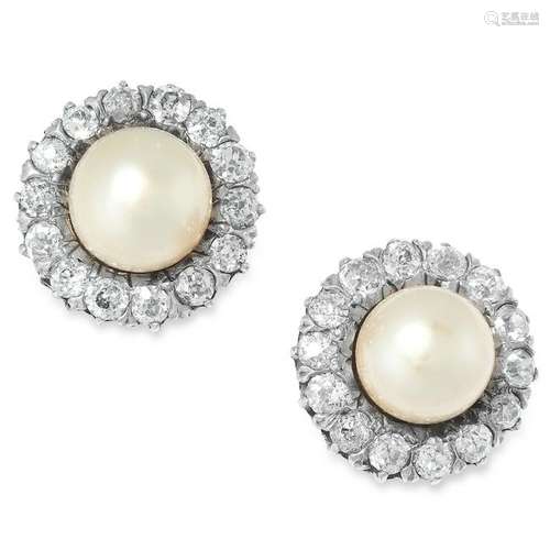 A PAIR OF ANTIQUE NATURAL PEARL AND DIAMOND CLUSTER