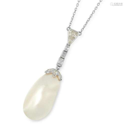 A NATURAL PEARL AND DIAMOND PENDANT set with fancy,