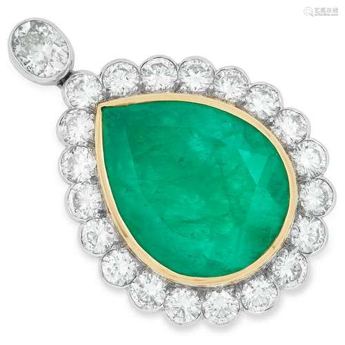 A COLOMBIAN EMERALD AND DIAMOND PENDANT set with a pear