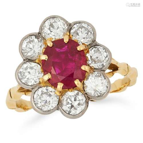 A BURMA NO HEAT RUBY AND DIAMOND CLUSTER RING set with