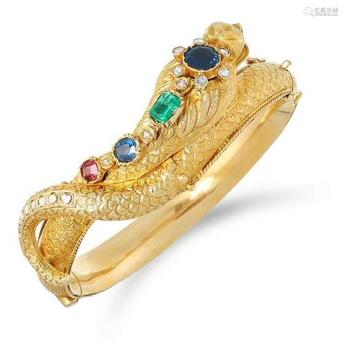 AN ANTIQUE GEMSET SERPENT BANGLE depicting a snake, set