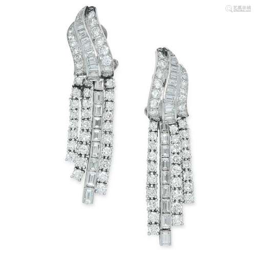 A PAIR OF DIAMOND TASSEL CLIP EARRINGS set with round