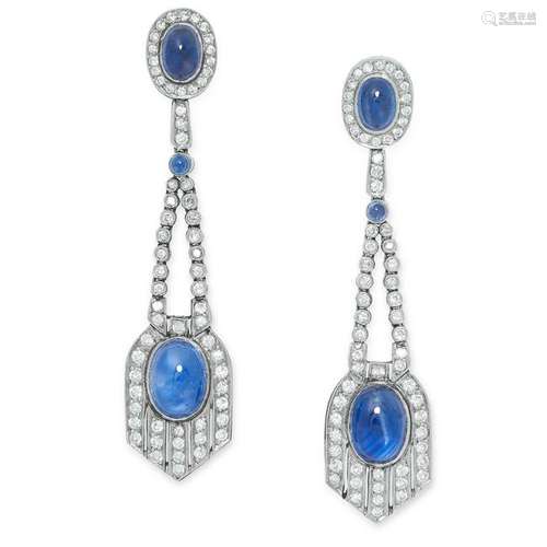 A PAIR OF SAPPHIRE AND DIAMOND EARRINGS in Art Deco