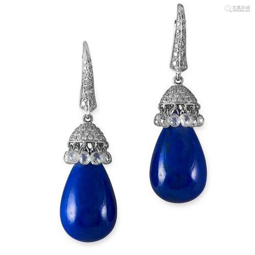 A PAIR OF LAPIS LAZULI AND DIAMOND DROP EARRINGS each